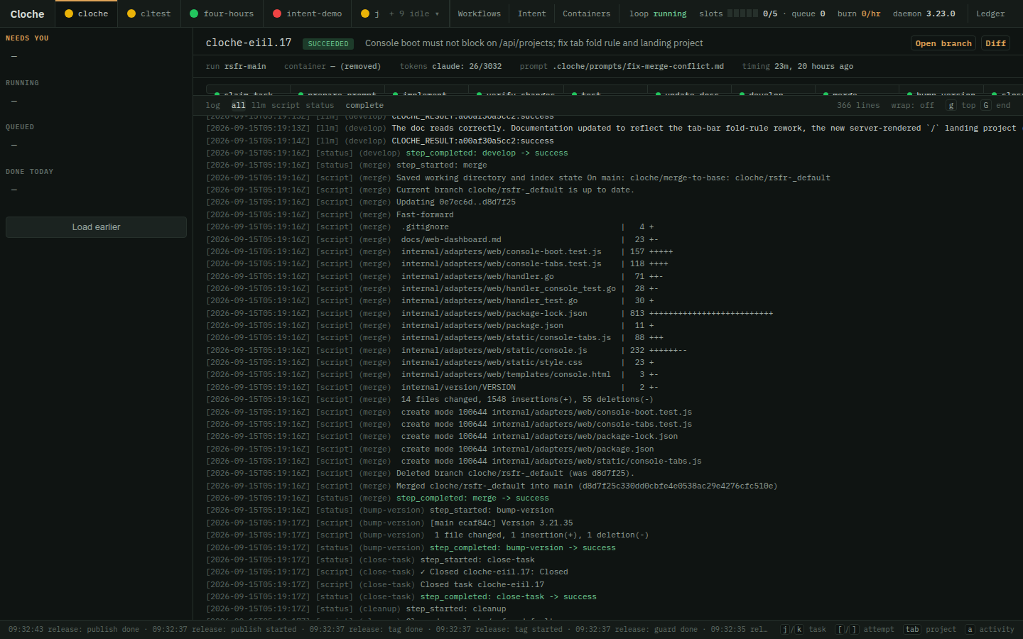 The console with a task open: task stack on the left, task header, facts row, step strip, and live log