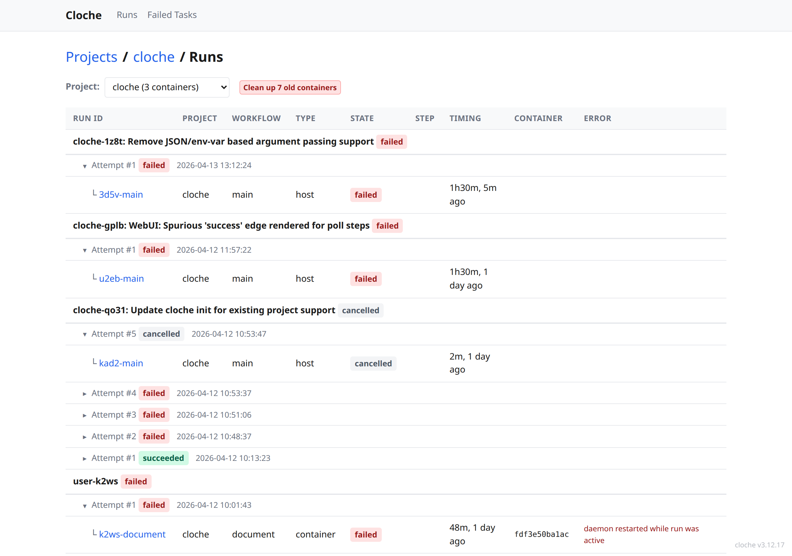 Runs list grouped by task and attempt
